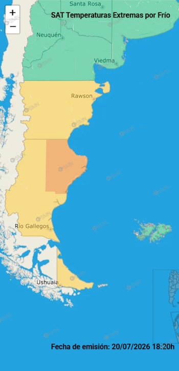 Mapa de Argentina mostrando alertas por frío extremo en verde, amarillo y naranja. Ciudades: Neuquén, Rawson, Viedma, Río Gallegos, Ushuaia. Fecha: 20/07/2026