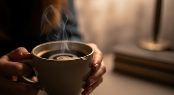 Primer plano de manos sosteniendo una taza de café humeante con espiral en la superficie; mujer desenfocada y ambiente nocturno al fondo.