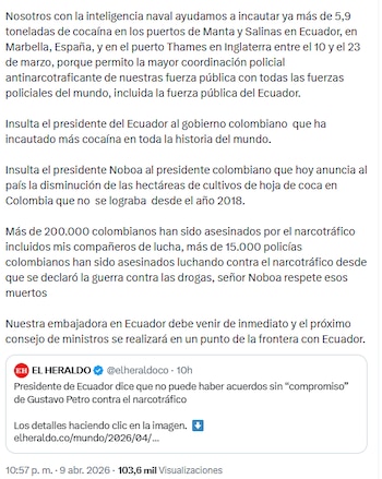 El jefe de Estado advirtió que las declaraciones de Daniel Noboa son falsas - crédito @petrogustavo/X