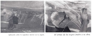 Imágenes en blanco y negro muestran a Raúl Soldi pintando la cúpula del Teatro Colón; una es un plano general y la otra, un primer plano del artista