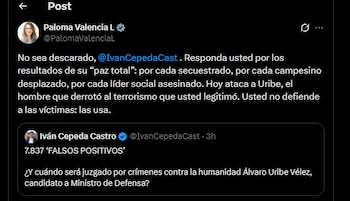 Paloma Valencia defendió al expresidente Uribe y acusó a Iván Cepeda de instrumentalizar a las víctimas de falsos positivos con fines políticos - crédito @PalomaValenciaL/X