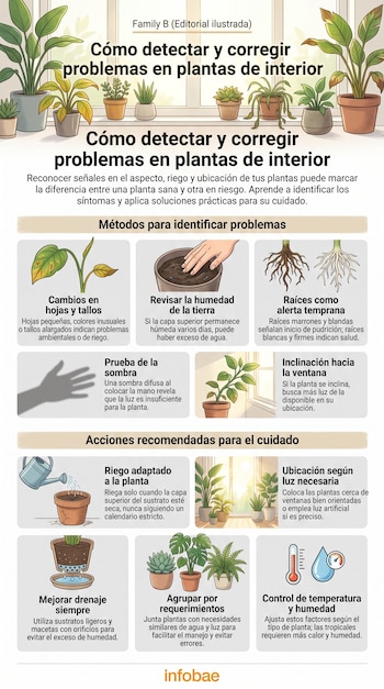 Infografía sobre el cuidado de plantas de interior. Muestra plantas, hojas, tallos, raíces, mano, regadera, termómetro y gota de agua con datos.