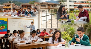 Collage que muestra a estudiantes colombianos en varias escenas de aprendizaje: en aulas, al aire libre con libros, y utilizando lupas para observar detalles.