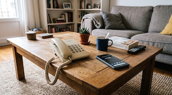 Un teléfono fijo beige, un teléfono celular, una taza azul, un libro y un mando a distancia sobre una mesa de madera.