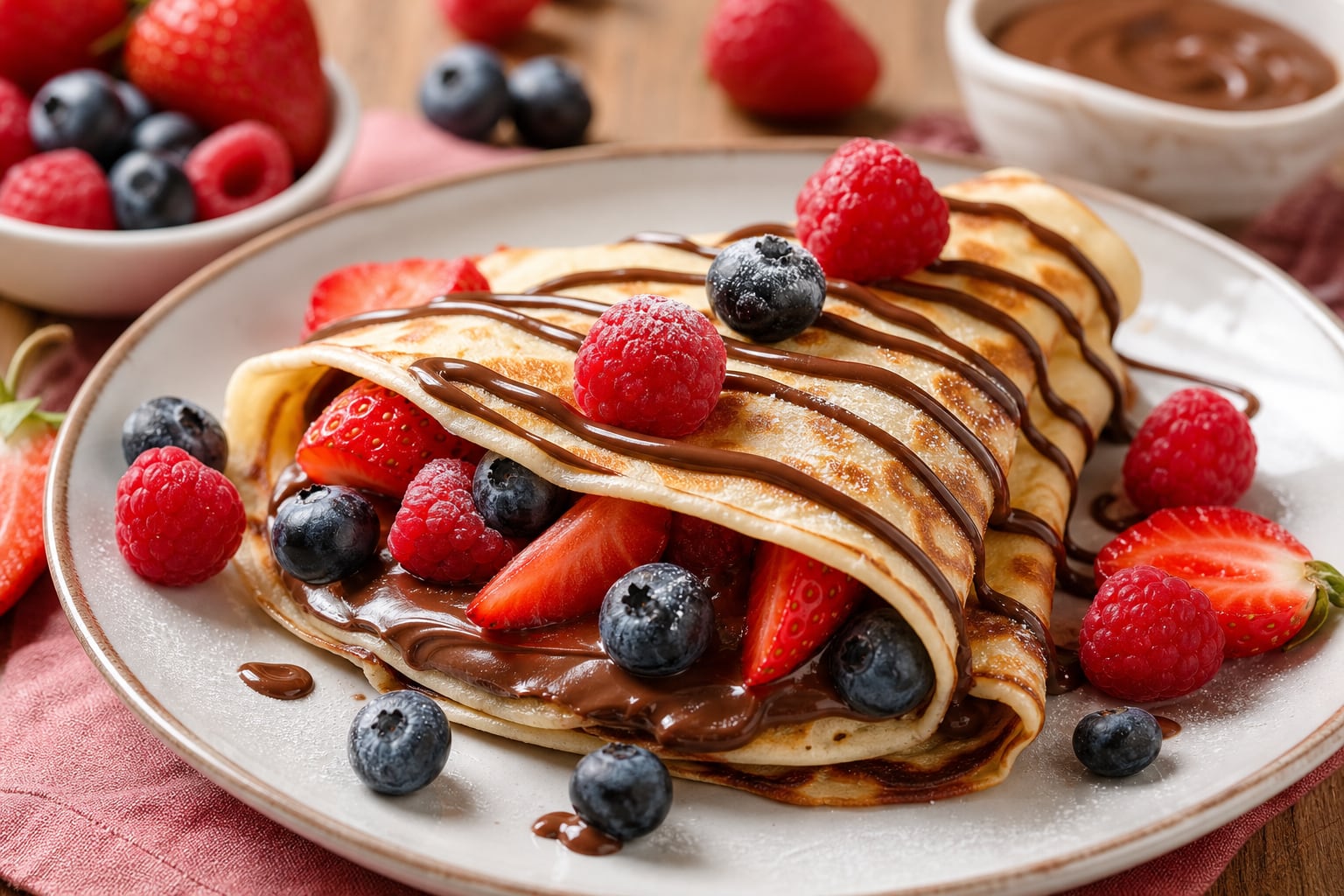 Un plato de crepas rellenas con crema de chocolate, fresas, frambuesas y arándanos ofrece una opción de postre casero. (Imagen Ilustrativa Infobae)