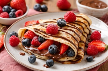 Una crepa doblada en un plato, rellena de crema de chocolate, arándanos, frambuesas y fresas, cubierta con hilos de chocolate y azúcar en polvo.