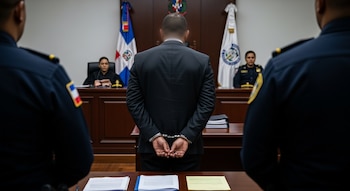 Hombre de traje y esposas de espaldas en sala de tribunal, flanqueado por dos agentes, frente a jueza y otra agente con banderas.