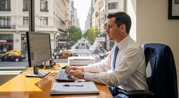 Hombre en camisa blanca y corbata azul trabajando en computadora en un escritorio de madera. Detrás, una ventana muestra una calle urbana con edificios y coches.