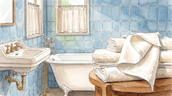 Acuarela de un baño con azulejos azules, lavabo, bañera de patas, ventanas con cortinas y toallas dobladas sobre una mesa.