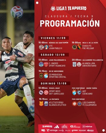 La programación de la fecha 9 del Torneo Clausura de la Liga 1 2026. - créditos: Liga 1