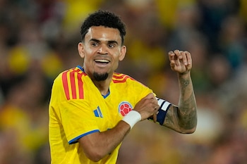 El delantero colombiano Luis Díaz luego de anotar un gol en el partido amistoso contra Costa Rica, el lunes 1 de junio de 2026, en Bogotá-crédito Fernando Vergara/AP Foto