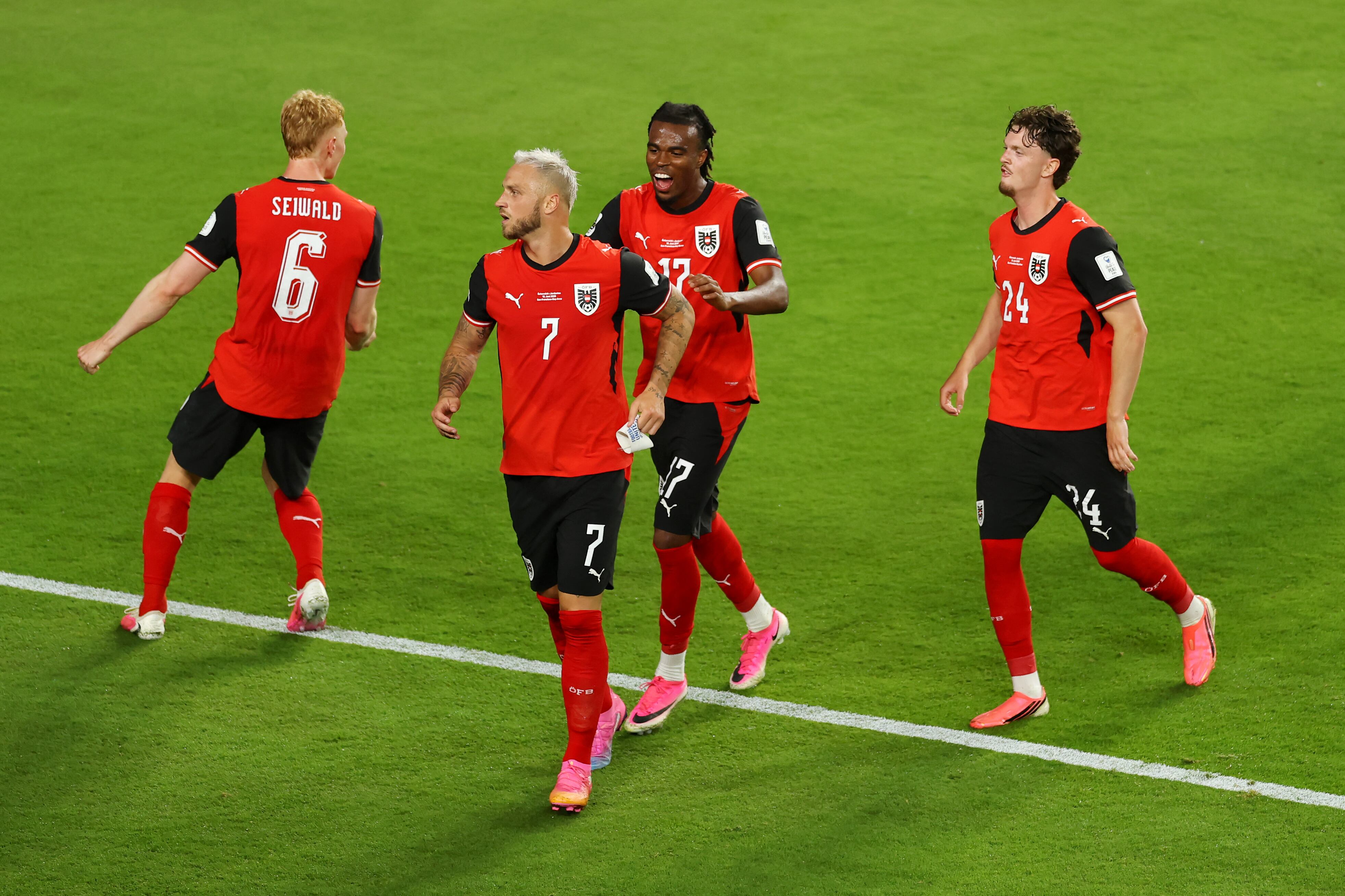 SANTA CLARA, CALIFORNIA - JUNE 16: Marko Arnautovic #7 of Austria celebrates with teammates after scoring his team's third goal during the FIFA World Cup 2026 Group J match between Austria and Jordan at San Francisco Bay Area Stadium on June 16, 2026 in Santa Clara, California. Dean Mouhtaropoulos/Getty Images/AFP (Photo by Dean Mouhtaropoulos / GETTY IMAGES NORTH AMERICA / Getty Images via AFP)