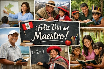 Bandera de Perú, texto '¡Feliz Día del Maestro!', collage de profesores y alumnos de distintas regiones, libros, lápices, manzana, mapa, pizarra, cielo azul, montañas y vegetación.