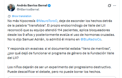 El concejal cuestionó que se califique de transfobia el debate sobre tratamientos médicos para menores trans - crédito @ABarriosBernal/X