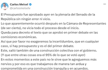 Carlos Meisel sostuvo que la discrepancia no invalidaría todo el trámite y defendió la adopción por decreto del texto aprobado en primer debate. - crédito @carlosmeiselv/X