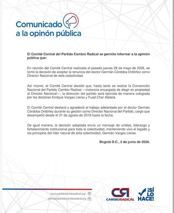 El Comité Central de Cambio Radical aceptó el 28 de mayo de 2026 la renuncia de Germán Córdoba Ordóñez como director nacional del partido y definió una conducción transitoria - crédito Cambio Radical