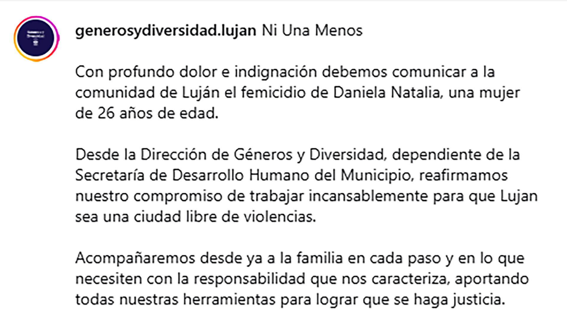 “Reafirmamos nuestro compromiso de trabajar incansablemente para que Luján sea una ciudad libre de violencias”, expresaron desde la Dirección de Géneros y Diversidad (Instagram/@generosydiversidad.lujan)