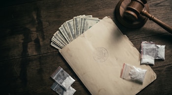 Fotografía cenital de una mesa de madera oscura con una carpeta judicial beige, un mazo de juez de madera, bolsas de evidencia con polvo y cristales, y billetes de dólar.