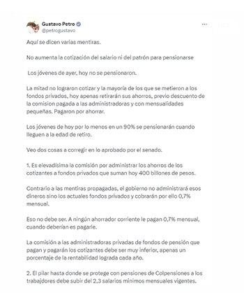 El presidente Petro defendió la reforma pensional y refutó las palabras de la senadora Paloma Valencia - crédito @petrogustavo/X