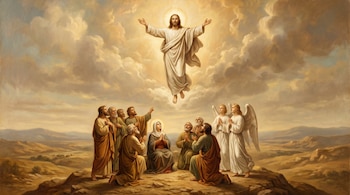 Jesús asciende al cielo entre nubes doradas, brazos abiertos. La Virgen María, once hombres y dos ángeles lo observan desde un paisaje montañoso y rocoso.