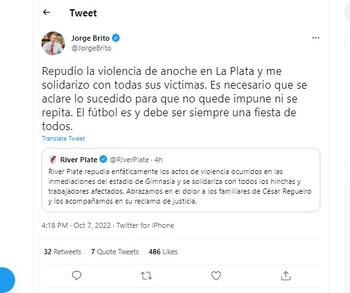 El tuit de Jorge Brito