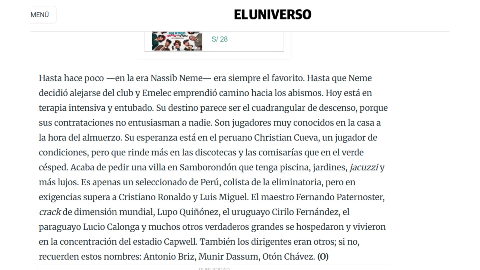 Opinión del periodista ecuatoriano, Ricardo Vasconcellos, sobre Christian Cueva y Emelec. - captura: El Universo