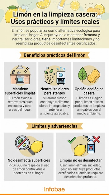 Infografía con texto e ilustraciones de una cocina, un purificador de aire, una esponja y un limón junto a una lupa.