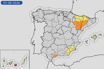 Mapa de alertas meteorológicas para este lunes, 3 de agosto de 2026. (Aemet)