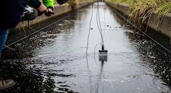Vista cercana de aguas residuales oscuras con burbujas en un canal de hormigón, con un sensor flotando y cables, mientras una persona observa en cuclillas.