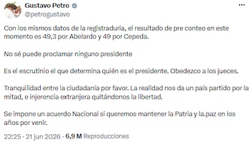Gustavo Petro llamó a la calma y advirtió sobre la polarización ante resultados ajustados en preconteo presidencial - crédito @petrogustavo/X