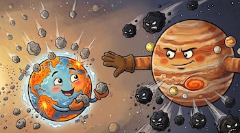 Ilustración animada de la Tierra sonriendo, con satélites y esquivando asteroides. Júpiter, con expresión seria, parece desviar asteroides agresivos.