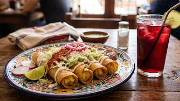 Un plato de flautas de papa con lechuga, queso, crema, salsa roja, rábanos y lima. A la derecha, un vaso de cóctel de vino con hielo, pajita y rodaja de lima