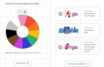 Una rueda cromática con el color rosa seleccionado junto a tres tarjetas de Doodles de Google con sus títulos y fechas