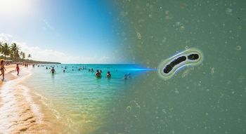 Composición dividida: a la izquierda, playa con personas en el mar y palmeras; a la derecha, vista microscópica de una bacteria en agua.