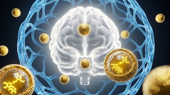 Representación macro de partículas doradas con estructuras moleculares amarillas, una red azul translúcida y un cerebro blanco con brillo.