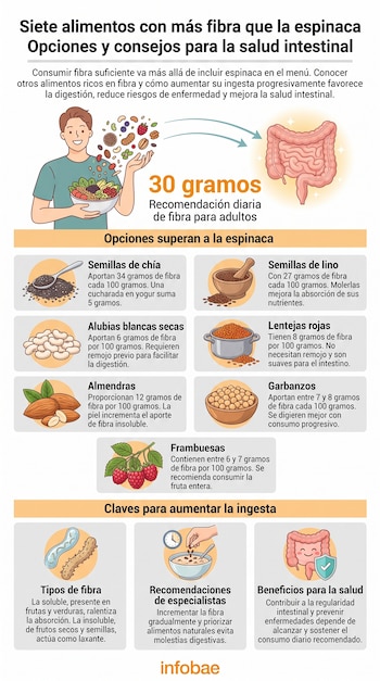 Infografía de salud intestinal con hombre, intestino, semillas de chía, lino, alubias, lentejas, almendras, garbanzos y frambuesas con datos de fibra.