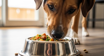 Primer plano de un perro marrón y blanco comiendo de un tazón metálico. El alimento consiste en croquetas, guisantes verdes y trozos de vegetales naranjas.