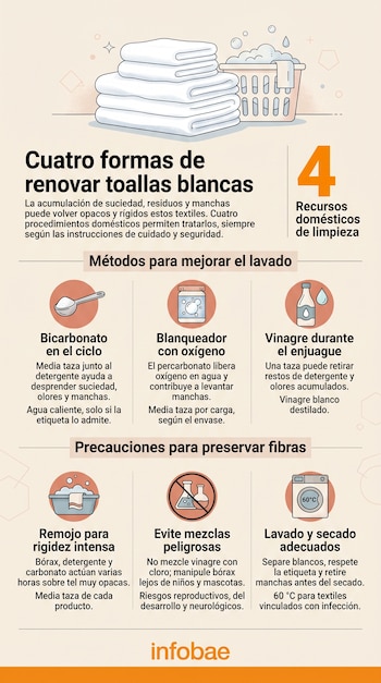 Infografía con ilustraciones de toallas dobladas, un cesto de ropa, envases de limpieza y una lavadora, junto con bloques de texto explicativo.