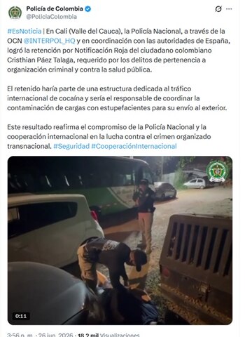 La captura se reportó a finales de junio de 2026 - crédito @PoliciaColombia/X