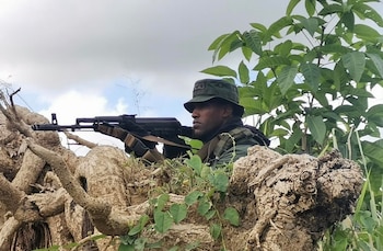 Soldado con uniforme militar, sombrero y fusil de asalto, camuflado entre raíces de árbol y hojas verdes bajo un cielo nublado