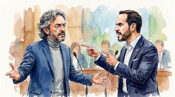 Pintura en acuarela de Juan Daniel Oviedo y Abelardo de la Espriella. Oviedo, con traje azul, gesticula. De la Espriella lo señala con el dedo, ambos frente a micrófonos.