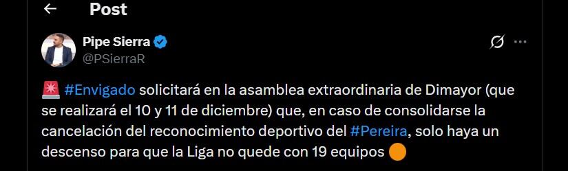 En caso de que Pereira quede desafiliado del fútbol colombiano, Envigado buscaría que no descienda de la Liga BetPlay, para mantener los 20 equipos - crédito @PSierraR/X