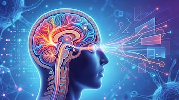 Cabeza humana en corte sagital con corteza visual vibrante, mostrando haces de luz desde los ojos y formas geométricas abstractas en un fondo azul biomédico.