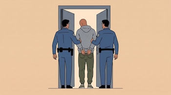 Ilustración de dos policías uniformados vistos de espalda que sujetan a un hombre esposado con sudadera gris y pantalón verde.