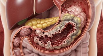 Ilustración médica de un estómago con cáncer, mostrando grandes tumores internos, vasos sanguíneos y úlceras. Se ven el hígado y el páncreas cercanos.