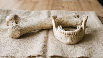 Primer plano de una mandíbula con dentadura completa y un hueso largo sobre una tela de lino, con fondo de madera