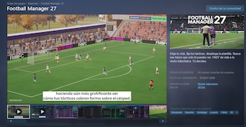 Página web con un reproductor que muestra un partido de fútbol animado, un panel con texto informativo y una barra inferior con miniaturas