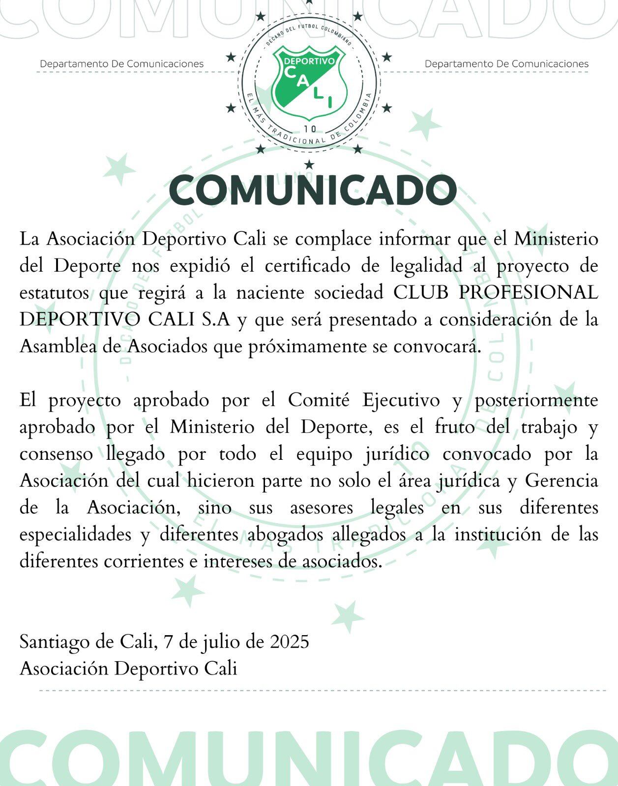 Comunicado del Deportivo Cali sobre el visto bueno del Ministerio del Deporte para pasar a ser sociedad anónima - crédito Deportivo Cali
