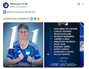 Falcao García será titular no Millonarios - crédito @MillosFCOofficial/X