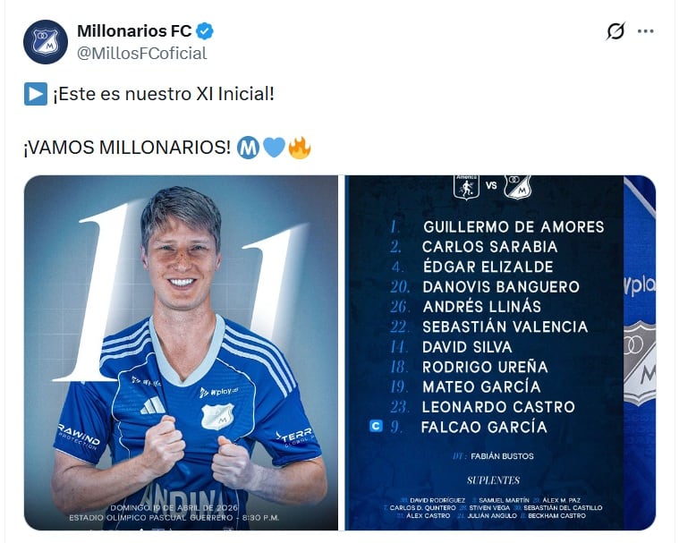 Falcao García será titular con Millonarios - crédito @MillosFCOficial/X
